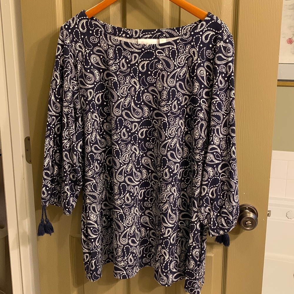 Belle by Kim Gravel TripleLuxe Knit Paisley Print Top w/Tassels